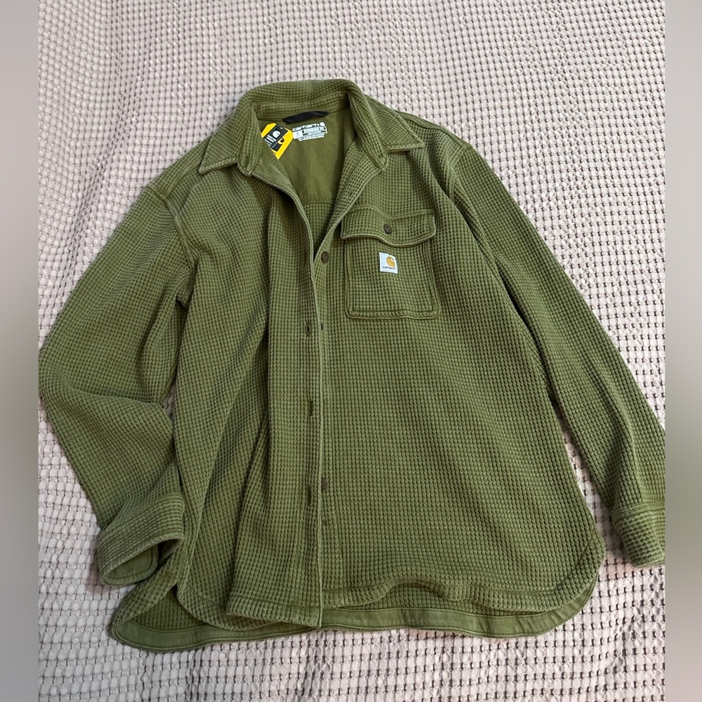 Carhartt Olive Green Waffle-Knit Shirt Jacket Small Oversized Fit